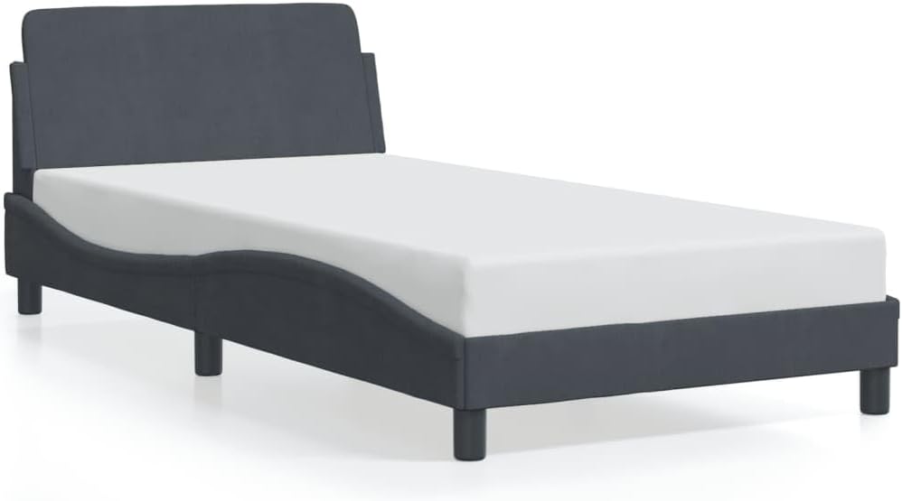 Twin Bed Frame with Upholstered Velvet Headboard Dark Grey Modern Design Under Bed Storage Sturdy Metal Frame for Bedroom