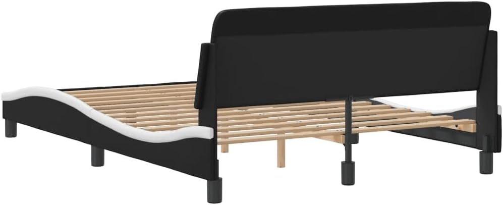 Full Size Bed Frame with Headboard Black and White Faux Leather Platform Bed Frame No Mattress Needed Sturdy Metal Legs Modern Wavy Design for Bedroom Furniture