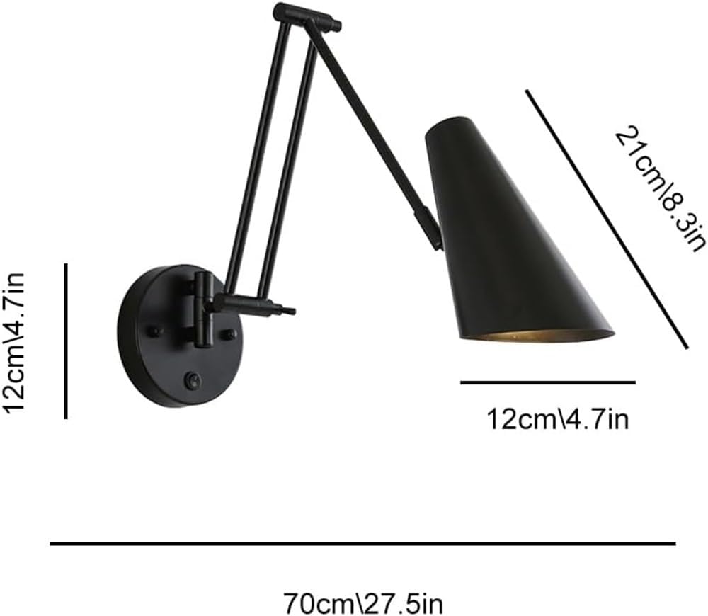 Vintage Industrial Black Swing Wall Sconce E27 Adjustable Foldable Bedside Reading Lamp Bookcase Wall Light Bedroom Study Living Room(Svart)