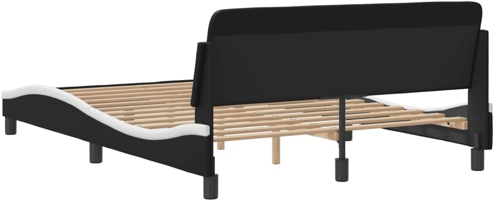 Queen Platform Bed Frame with Headboard Black and White 53.9'x74.8' Faux Leather Upholstered Modern Bedframe for Bedroom Furniture