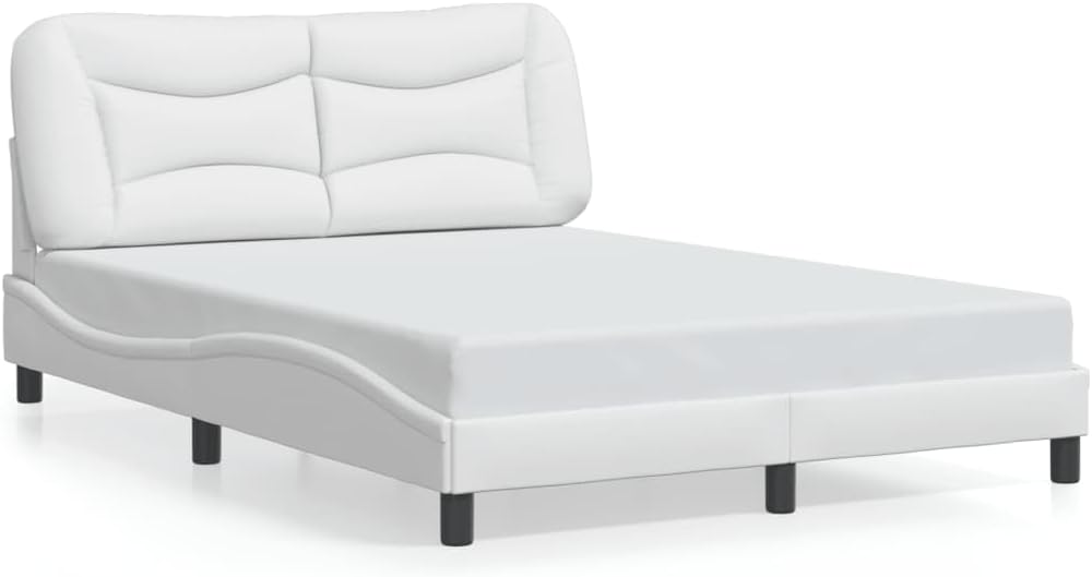 Modern White Faux Leather Platform Bed Frame Double Size with Upholstered Headboard Waved Side Design for Bedroom Comfort and Style