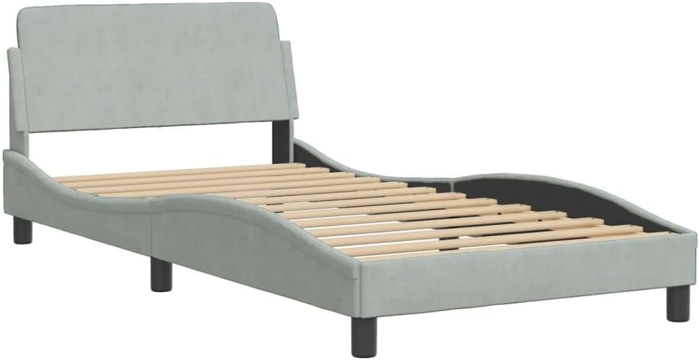 Light Gray Velvet Upholstered Bed Frame Single Size Modern Platform Bed with Ample Storage Space Sturdy Plywood Construction for Bedroom
