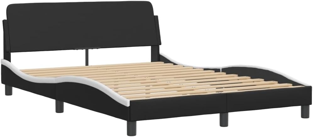 Queen Size Faux Leather Platform Bed Frame with Headboard Black and White 53.9'x74.8' Modern Waved Design Bedframe for Bedroom Furniture