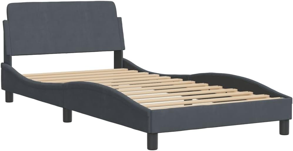 Twin Bed Frame with Upholstered Velvet Headboard Dark Grey Modern Design Under Bed Storage Sturdy Metal Frame for Bedroom