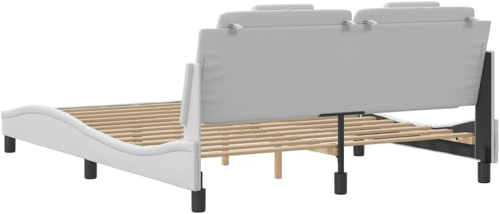 Queen Upholstered Bed Frame White Faux Leather 59.8'x79.9' with Headboard and Wave Design Platform Style for Modern Bedroom Furniture