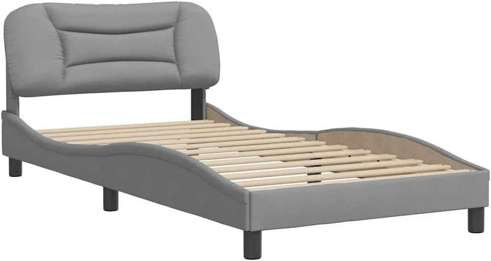 Light Grey Twin Bed Frame with Wavy Sides and Plush Headboard, Sturdy Solid Pine Construction with Under-Bed Storage, Modern Minimalist Design for Bedroom, Breathable