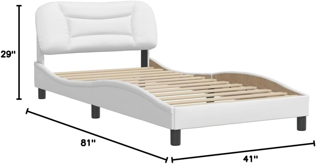 Twin Bed Frame with Headboard White Faux Leather Platform Bed Frame 39.4'x74.8' Modern Bedframe with Waved Side Design for Bedroom Furniture