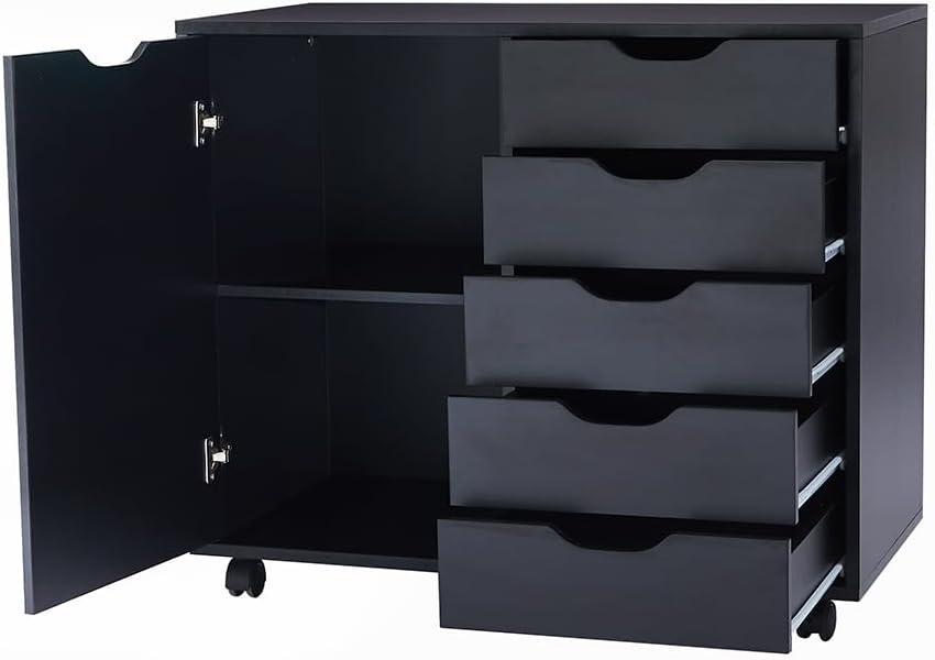 Naomi Home Rolling Storage Cabinet with 5 Drawers & Side Cabinet, Engineered Wood Organizer with Shelves, Handle-Free Design & Swivel Casters for Home Office, Kids Room & Entryway - Black