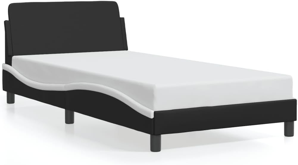 Twin Bed Frame with Headboard 39.4'x74.8' Faux Leather Platform Bed Frame Black and White Modern Upholstered Bedframe for Bedroom