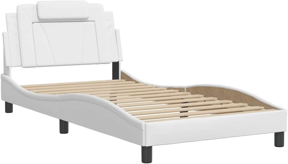 Twin Upholstered Faux Leather Platform Bed Frame with Wavy Headboard 39.4x74.8x29.3 in White Modern Storage Bedroom Furniture for Small Rooms