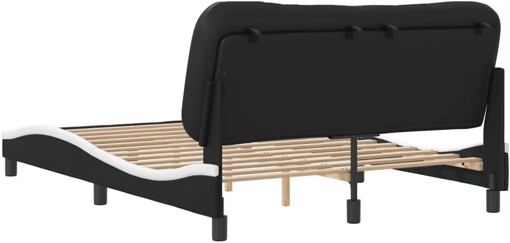 Upholstered Platform Bed Frame with Headboard Black and White Faux Leather Full Size 53.9'x74.8' Modern Wavy Design Sturdy Wood Slats Bedroom Furniture