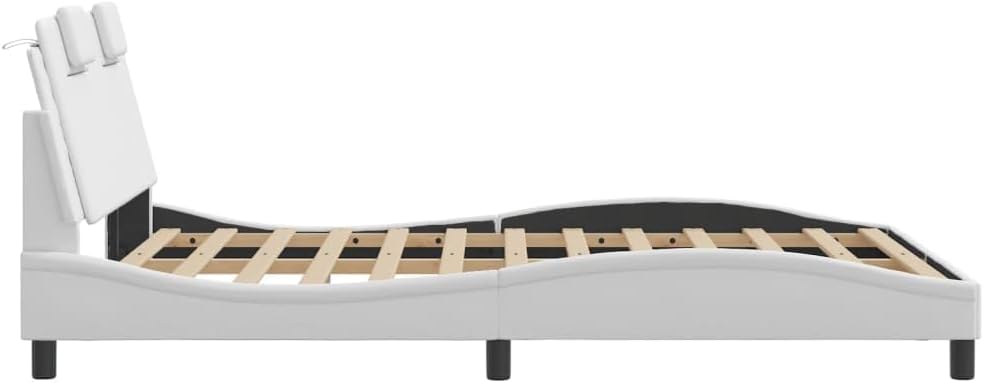 White Faux Leather Full Platform Bed, 55.9'x81.9'x29.3', Pine & Engineered Wood Support, Low-Profile Modern Headboard