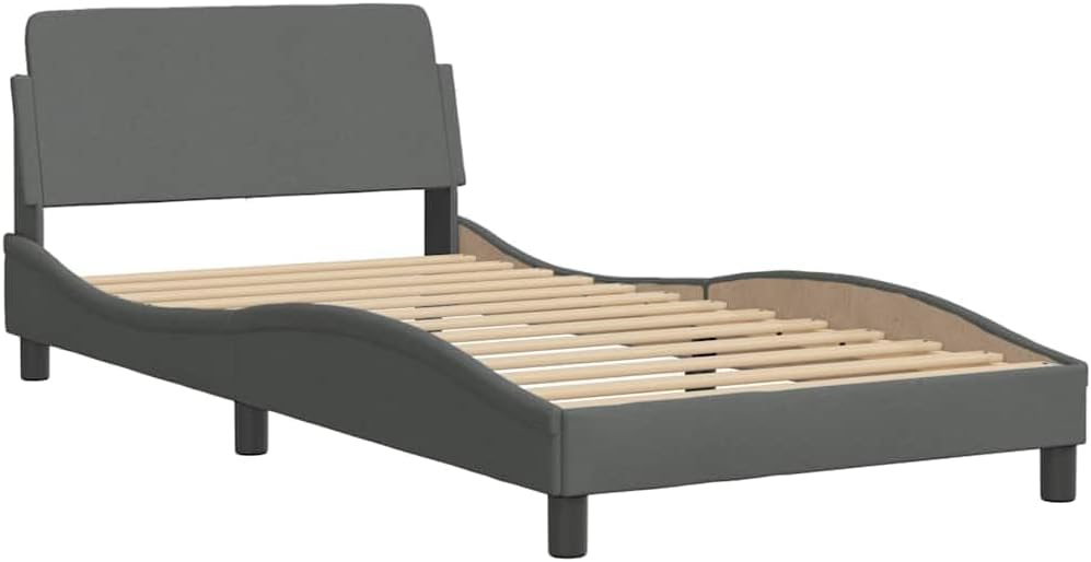 Modern Curved Dark Grey Bed Frame with Sturdy Pine Wood Construction and Breathable Polyester Fabric, Comfortable Headboard Cushion for Elegant Bedroom Decor, Easy