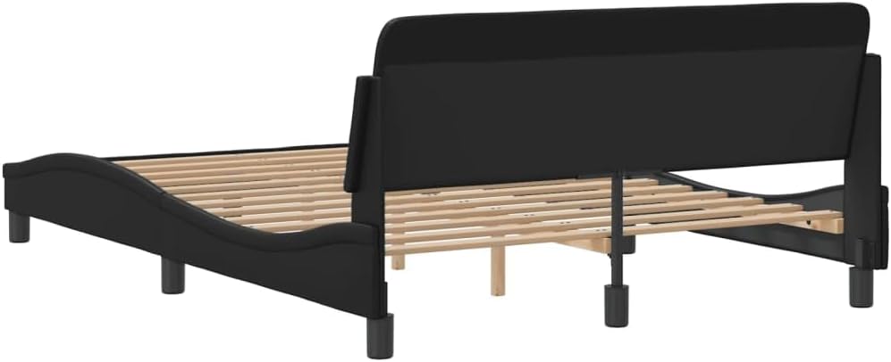 Full Size Platform Bed Frame with Headboard Black Faux Leather Upholstered Modern Waved Design Sturdy Support for Bedroom Furniture