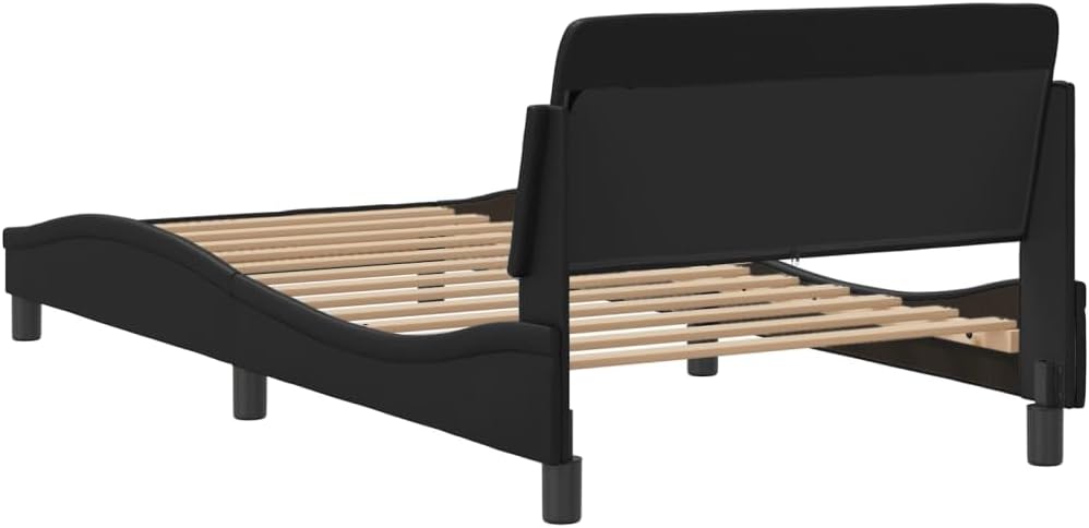Twin Bed Frame with Storage Black Faux Leather Upholstered Modern Design Sturdy Engineered Wood for Bedroom Furniture