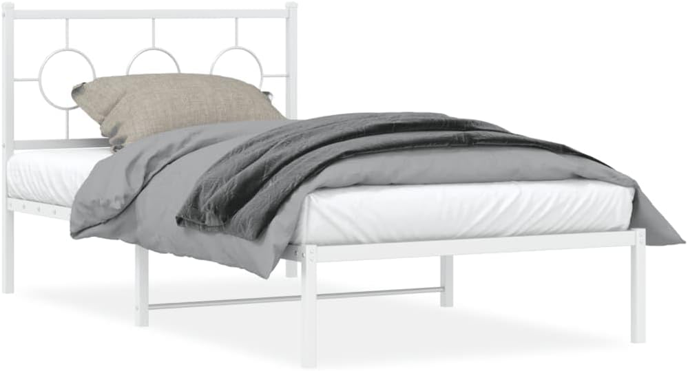 Metal Bed Frame with Headboard White 39.4'x78.7' - Sturdy Steel Platform Bed Frame for Queen Twin Mattress, Underbed Storage Space, Durable Bedframe for Bedroom Furniture