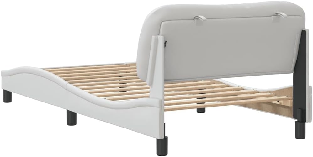 Twin Bed Frame with Headboard White Faux Leather Platform Bed Frame 39.4'x74.8' Modern Bedframe with Waved Side Design for Bedroom Furniture