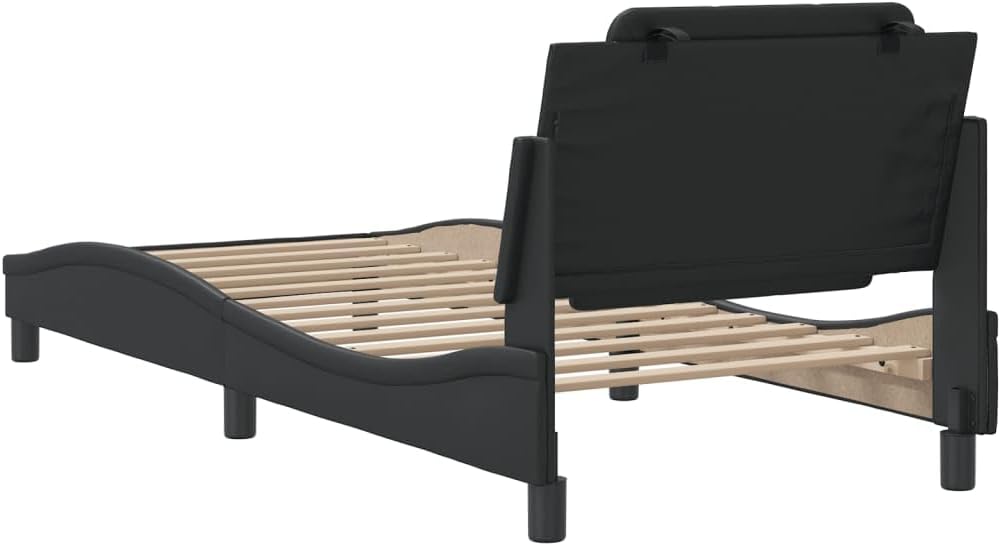Twin Bed Frame with Headboard Black Faux Leather Platform Bed Frame 39.4x74.8 Inch Sturdy Wood Slats Modern Waved Design for Bedroom Furniture
