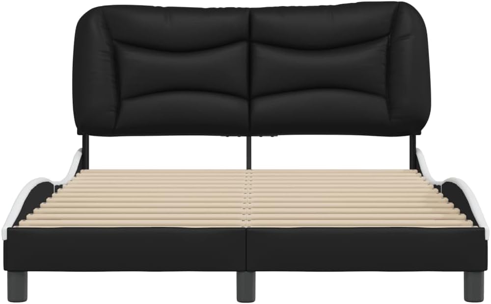 Upholstered Platform Bed Frame with Headboard Black and White Faux Leather Full Size 53.9'x74.8' Modern Wavy Design Sturdy Wood Slats Bedroom Furniture