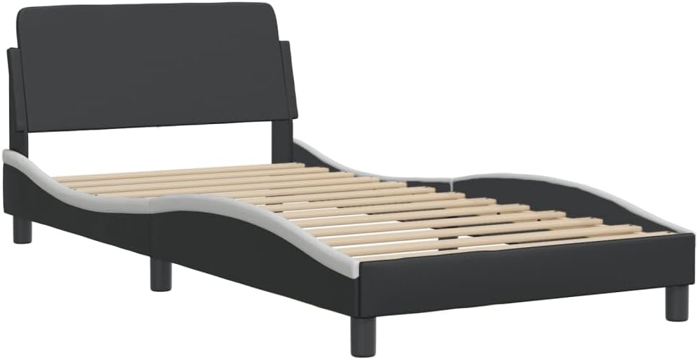 Twin Bed Frame with Headboard 39.4'x74.8' Faux Leather Platform Bed Frame Black and White Modern Upholstered Bedframe for Bedroom