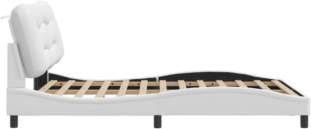 White Queen Platform Bed Frame with Upholstered Headboard Faux Leather Modern Bedframe for Bedroom Furniture 53.9'x74.8'