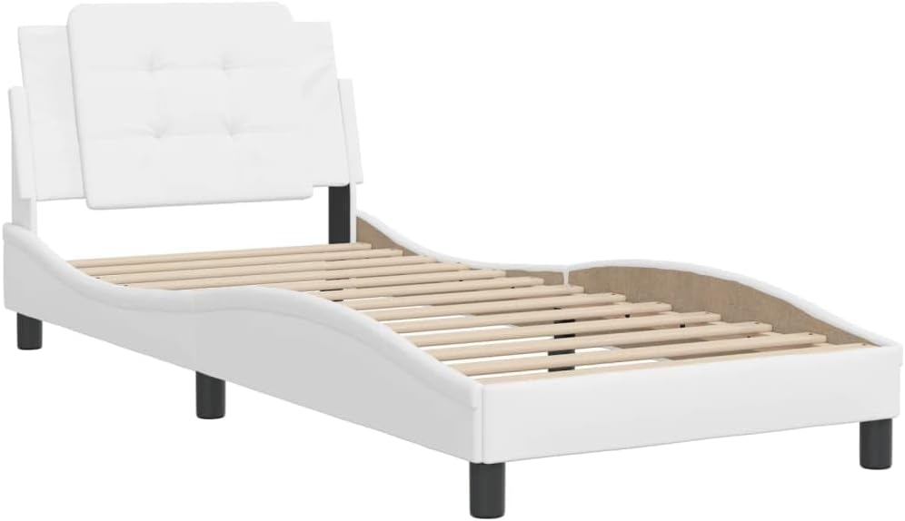Twin Bed Frame White Faux Leather Upholstered Platform Bed with Underbed Storage, Easy Assembly and Modern Design for Bedroom Furniture
