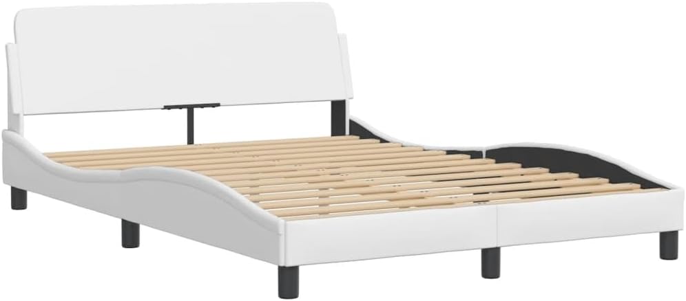 Upholstered Double Bed Frame White Modern Sleek Design with Headboard and Slatted Base for Bedroom Comfort Support