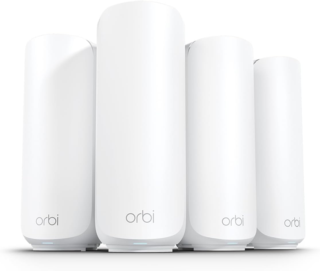 NETGEAR Orbi 370 Series Dual-Band WiFi 7 Mesh System for Home (RBE374) - Wireless Router (no Modem) + 3 Extenders, Security Features, 5 Gbps, Covers 8,000 sq.ft., 70 Devices, 2.5GB Port, BE5000