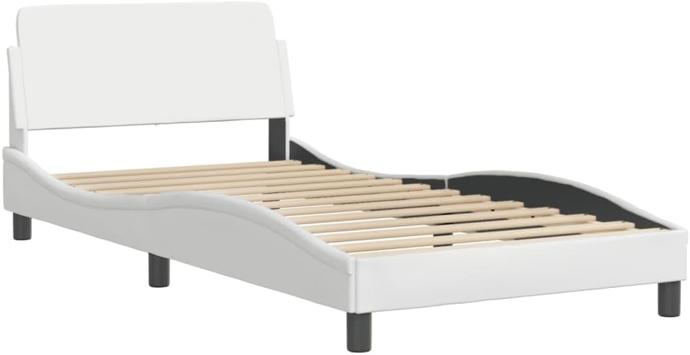 Twin Bed Frame with Storage, White Faux Leather Upholstered Platform Design, Curved Modern Style for Adult Bedroom Furniture