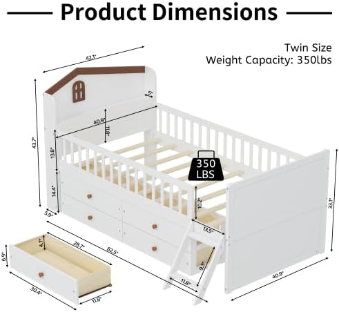 Bellemave Kids Platform Bed with Guardrail Headboard and Ladder, Twin Size Wooden Bed Frame with 4 Drawers for Boys Girls, White