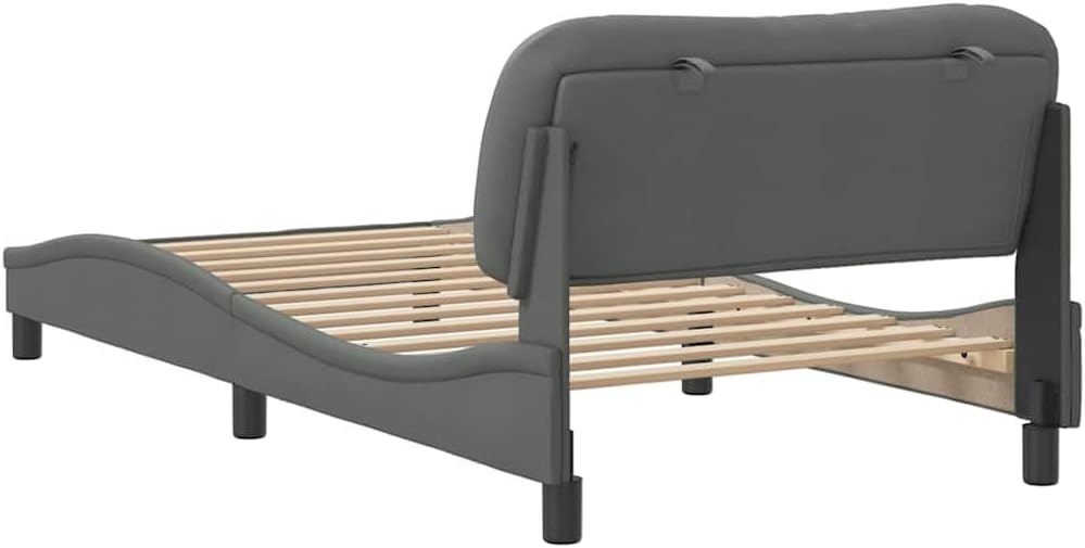Modern Curved Dark Grey Bed Frame with Sturdy Pine Wood Construction and Breathable Polyester Fabric, Comfortable Headboard Cushion for Elegant Bedroom Decor, Easy