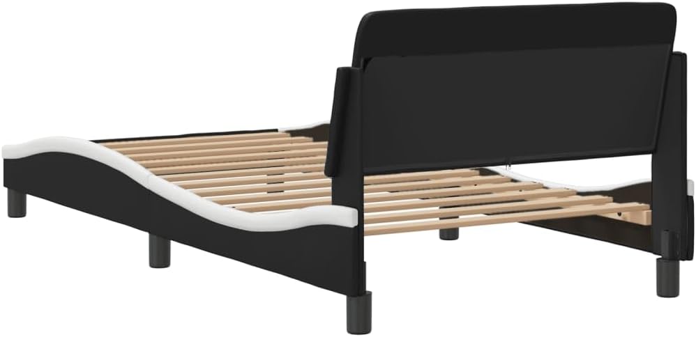 Twin Bed Frame with Headboard 39.4'x74.8' Faux Leather Platform Bed Frame Black and White Modern Upholstered Bedframe for Bedroom
