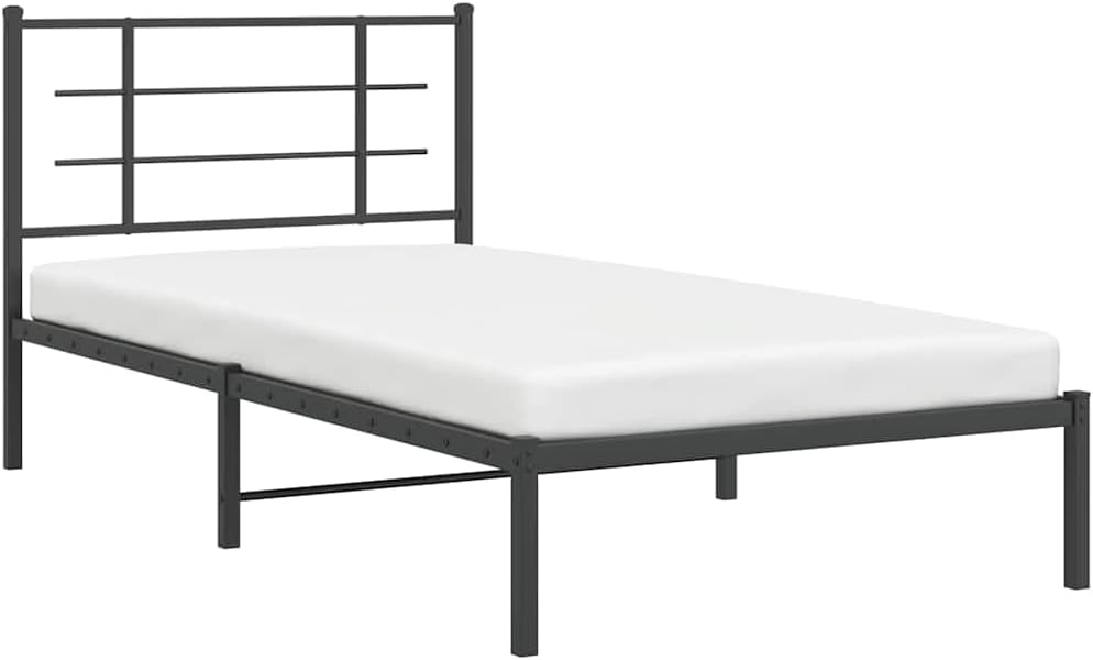 Black Powder-Coated Steel Twin Modern Bed Frame with Headboard, 4-Piece Sturdy Metal Bed Frame Set for Adults, Space-Saving Storage Design, Durable Construction