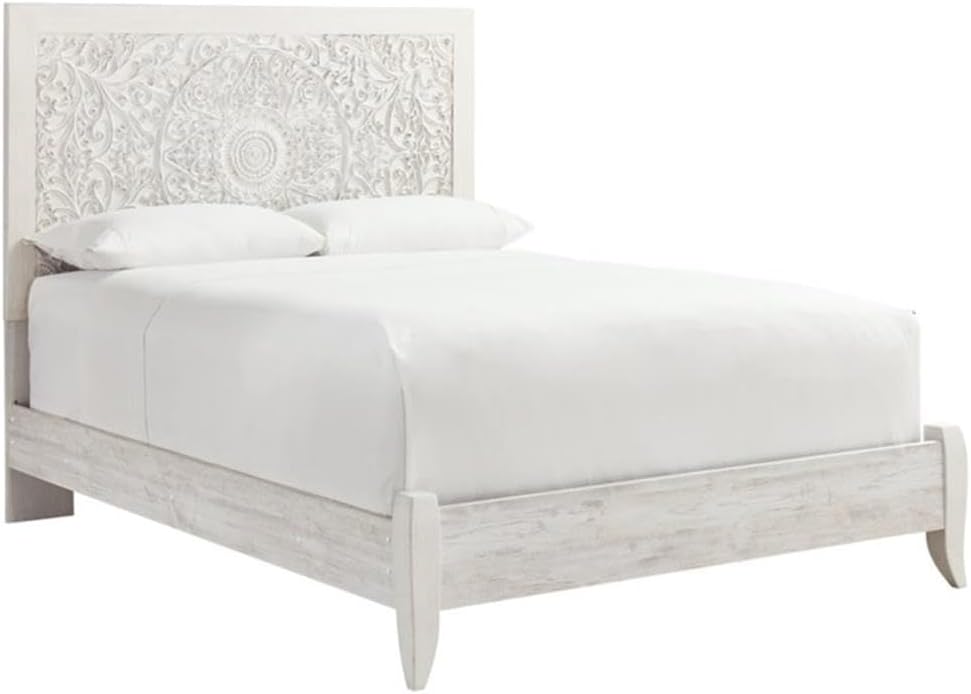 BOWERY HILL Coastal Engineered Wood Queen Panel Headboard, 58' H x 63' W x 3' D, Whitewash Finish, Carved Medallion Design, Durable Bedroom Furniture for Queen Beds