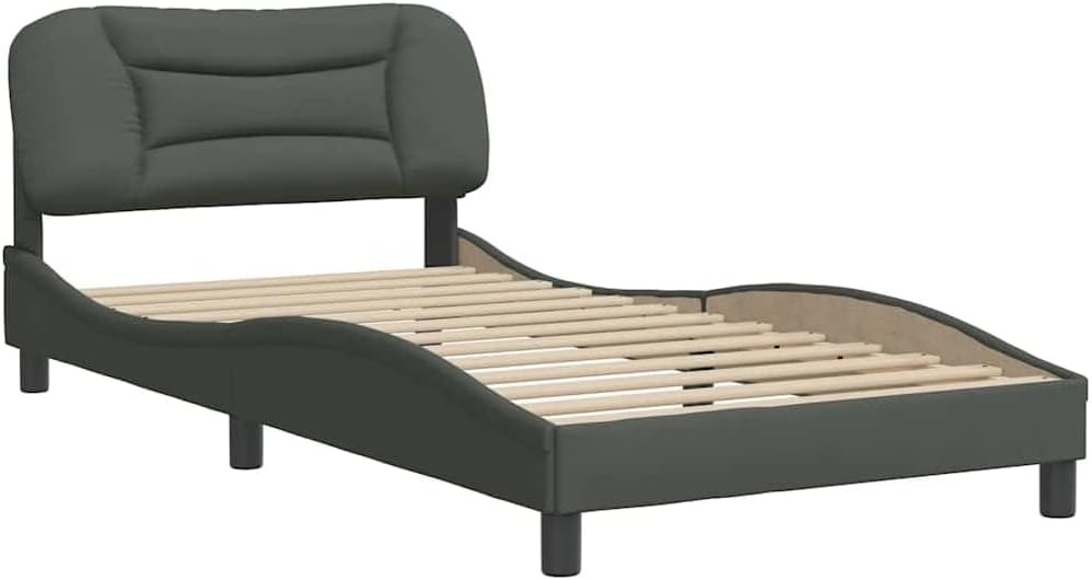 Modern Curved Dark Grey Bed Frame with Sturdy Pine Wood Construction and Breathable Polyester Fabric, Comfortable Headboard Cushion for Elegant Bedroom Decor, Easy