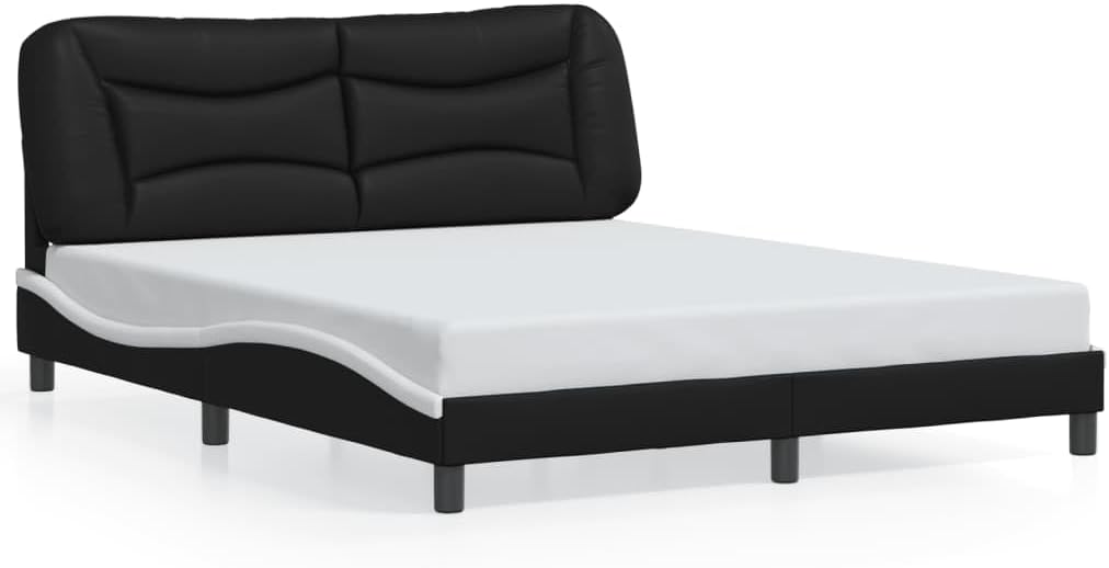 Queen Platform Bed Frame with Headboard 59.8'x79.9' Faux Leather Upholstered Modern Bedframe Black and White Wavy Design for Bedroom Furniture