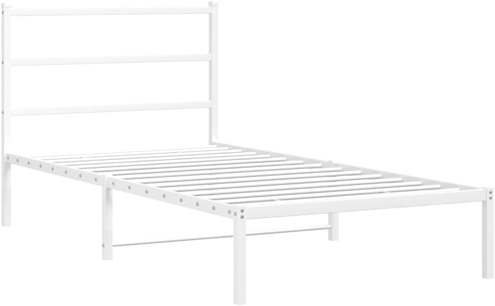 White Metal Bed Frame with Headboard Twin Size Modern Design Sturdy Powder Coated Steel Platform Bed Frame for Bedroom Guest Room