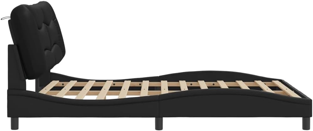 Faux Leather Queen Platform Bed Frame with Headboard Black 59.8'x79.9' Modern Waved Design Sturdy Wooden Slats for Bedroom Furniture