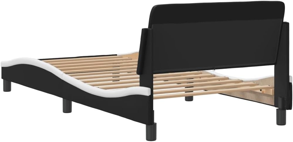 Twin XL Bed Frame with Headboard 39.4'x79.9' Faux Leather Platform Bed Frame Black and White Modern Wavy Design for Bedroom Furniture