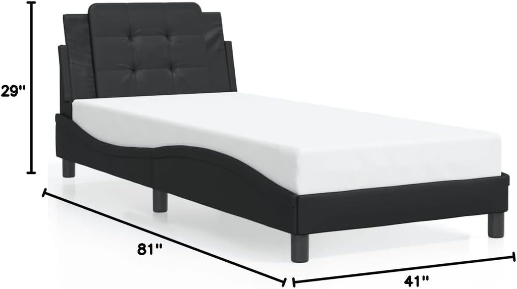 Twin Bed Frame with Headboard Black Faux Leather Platform Bed Frame 39.4x74.8 Inch Sturdy Wood Slats Modern Waved Design for Bedroom Furniture