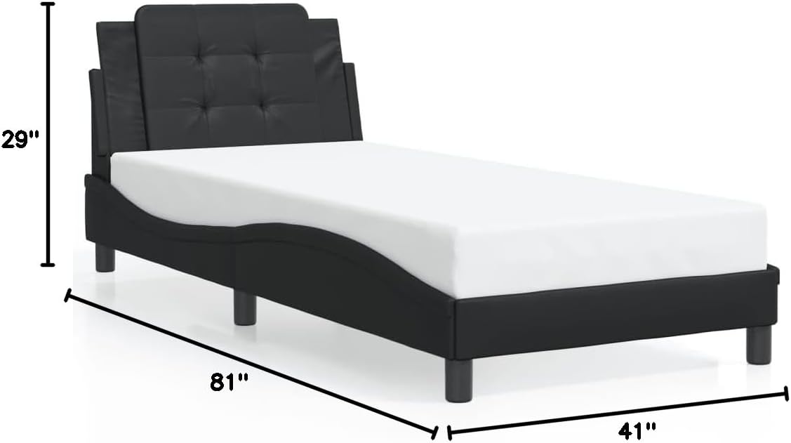 Twin Bed Frame with Headboard Black Faux Leather Platform Bed Frame 39.4x74.8 Inch Sturdy Wood Slats Modern Waved Design for Bedroom Furniture