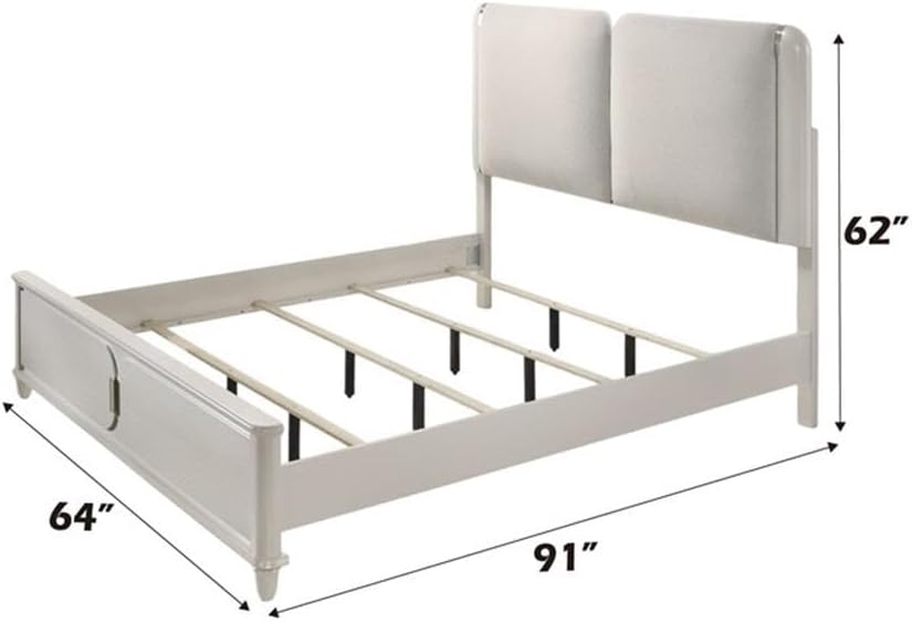 BOWERY HILL Wood Queen Bed with LED Lighting, Light Gray Boucle Headboard, Pearl White Finish, Acrylic Legs, Contemporary Style, Slat System, 91'L x 64'W x 62'H, Modern Bedroom Furniture
