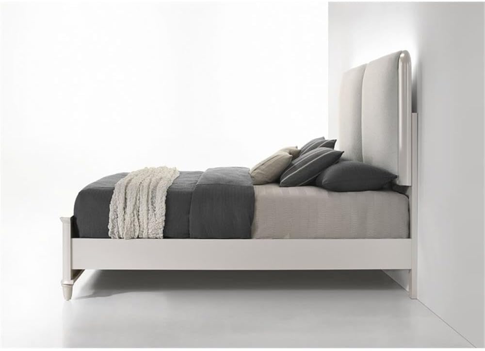 BOWERY HILL Wood Queen Bed with LED Lighting, Light Gray Boucle Headboard, Pearl White Finish, Acrylic Legs, Contemporary Style, Slat System, 91'L x 64'W x 62'H, Modern Bedroom Furniture
