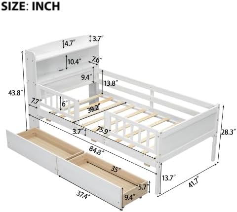 Bellemave Twin Size Kids Platform Bed with Fences and 2 Drawers, Wooden Twin Bed Frame with Storage Headboard and LED Light for Girls Boys, White