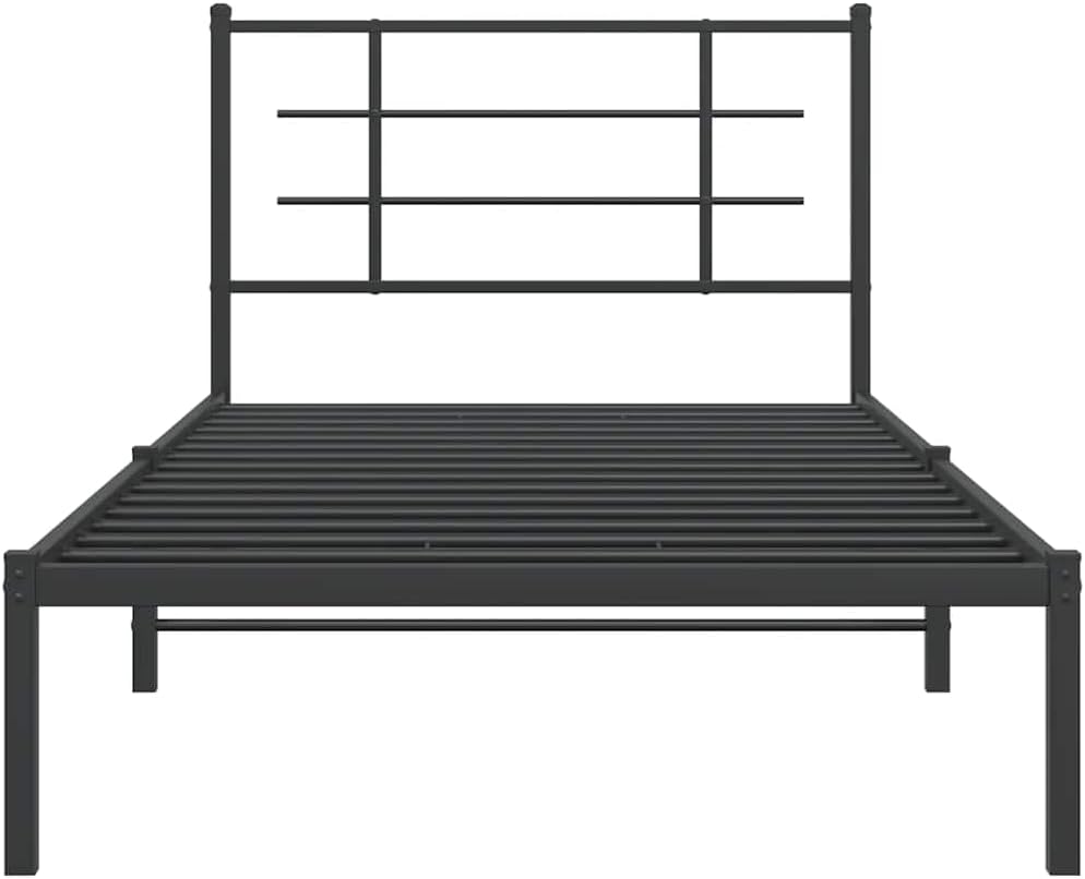 Black Powder-Coated Steel Twin Modern Bed Frame with Headboard, 4-Piece Sturdy Metal Bed Frame Set for Adults, Space-Saving Storage Design, Durable Construction