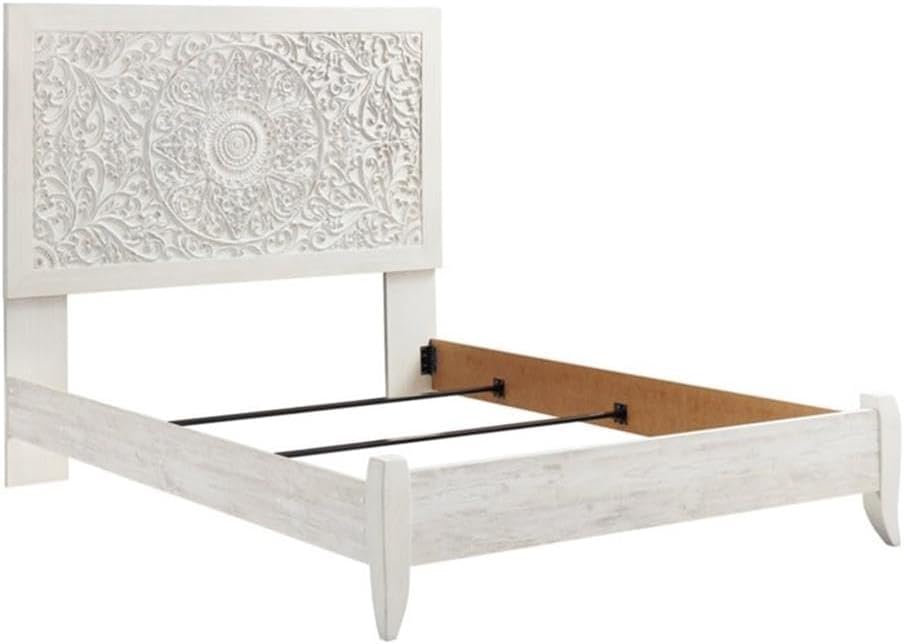 BOWERY HILL Coastal Engineered Wood Queen Panel Headboard, 58' H x 63' W x 3' D, Whitewash Finish, Carved Medallion Design, Durable Bedroom Furniture for Queen Beds