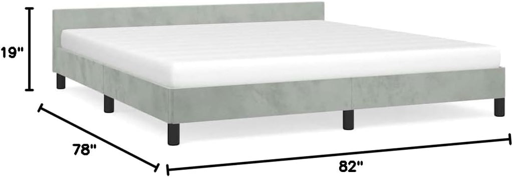 King Size Bed Frame with Headboard Light Grey Velvet Upholstered Platform Bed Frame Modern Minimalist Design Sturdy Engineered Wood Structure for Bedroom
