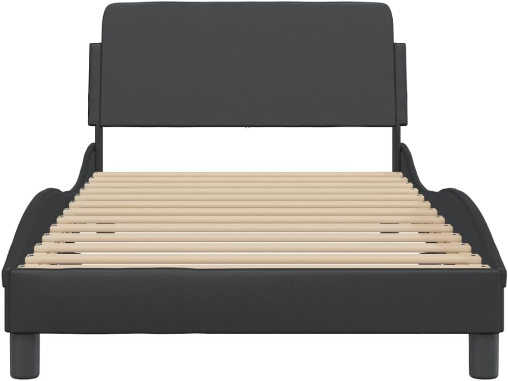 Twin Bed Frame with Headboard Black Faux Leather Modern Platform Bed Frame for Bedroom Furniture 39.4'x74.8' Waved Design Supportive Slats