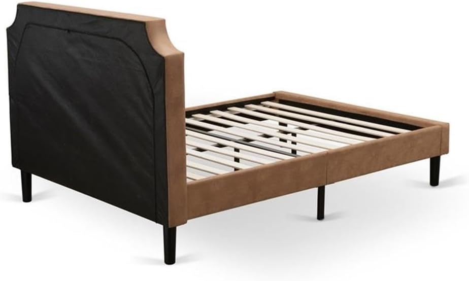 East West Furniture GB28F-1DE07 2-Pc Granbury Bedroom Set with Button Tufted Bed Frame and a Distressed Jacobean Night Stand for Bedrooms - Brown faux Leather with Brown Texture and Black Legs