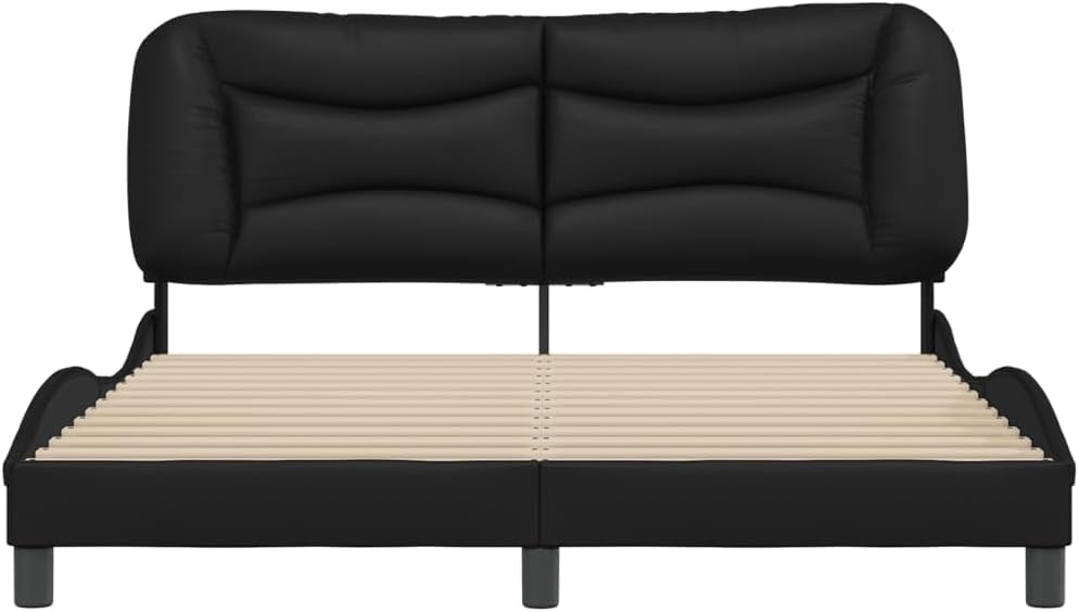 Queen Platform Bed Frame with Headboard Black 59.8'x79.9' Faux Leather Upholstered Modern Bedframe for Bedroom Furniture Supportive Waved Design